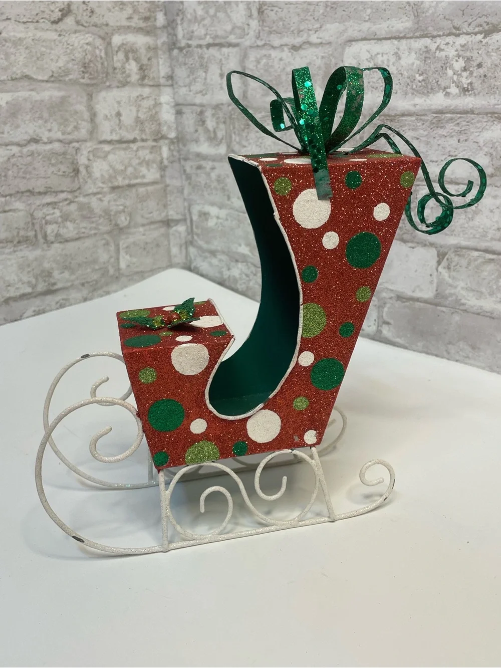 Vintage Pier 1 Christmas Glitter Polkadot Metal Sled Very Rare HTF 10” Decor